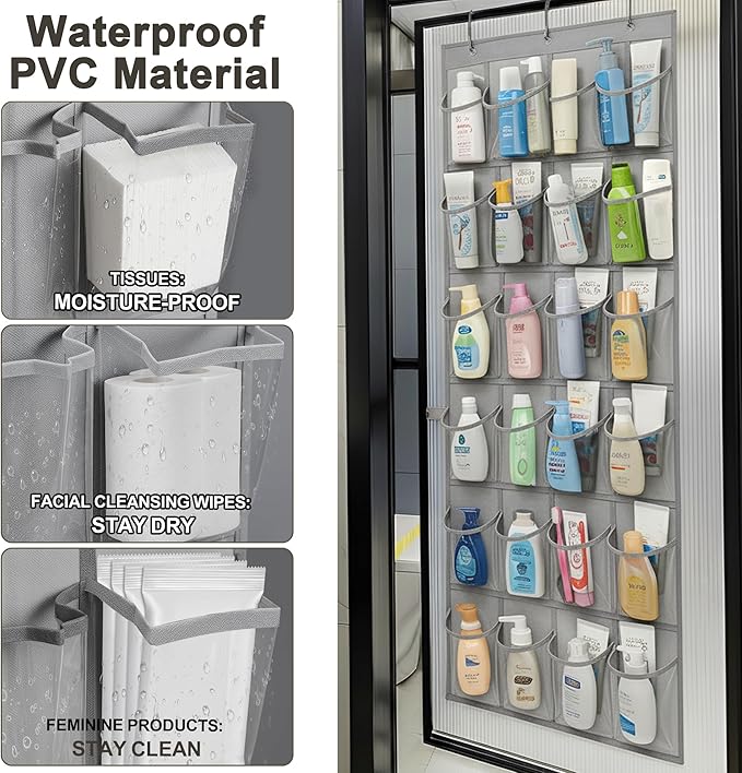 Over The Door Shoe Organizer - Space Saving Shoe Rack for Closet Door with 24 Crystal Clear Pockets and Metal Hooks, Shoe Holder Back of Door Organizers for Shoes, Gray Hanging Shoe Organizer (Gray)