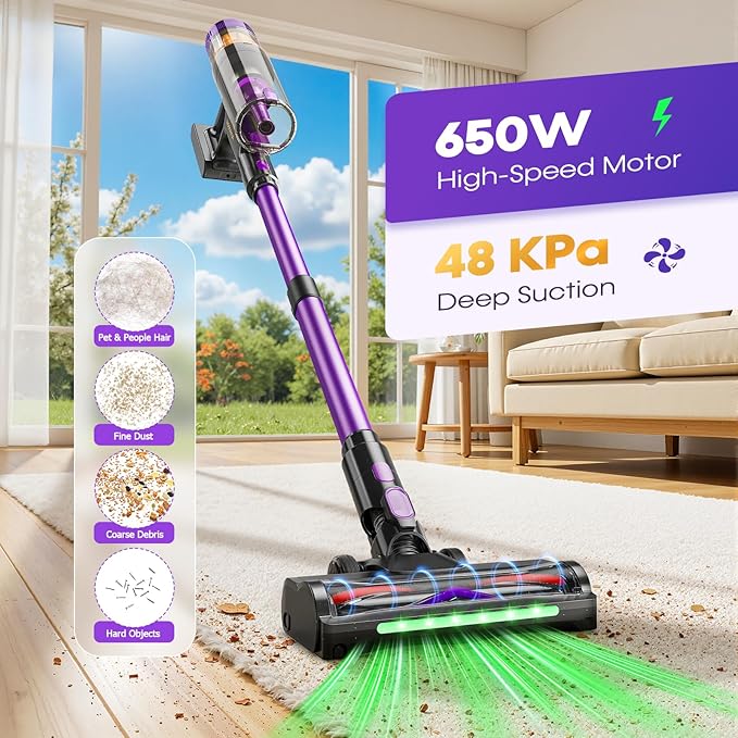 Flybroom Cordless Vacuum Cleaner, 650W 48KPa Vacuum Cleaners for Home, Self-Standing Stick Vacuums with LED Display, Anti-Tangle, Lightweight, Stick Vacuum Rechargeable for Pet Hair Carpet Floor