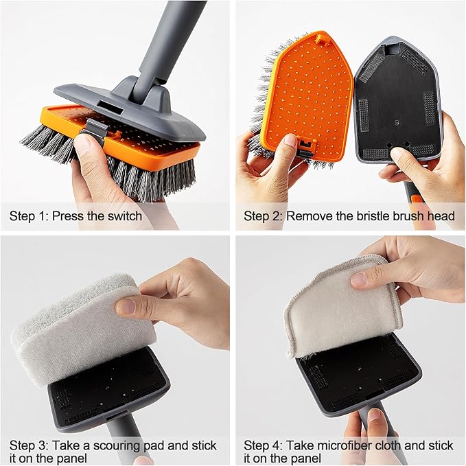 Tile Tub Scrubber Brush with 3 Different Function Cleaning Heads and 56" Extendable Long Handle-No Scratch Shower Scrubber for Cleaning Bathroom Kitchen Toilet Wall,Bathtub,Sink,Grey