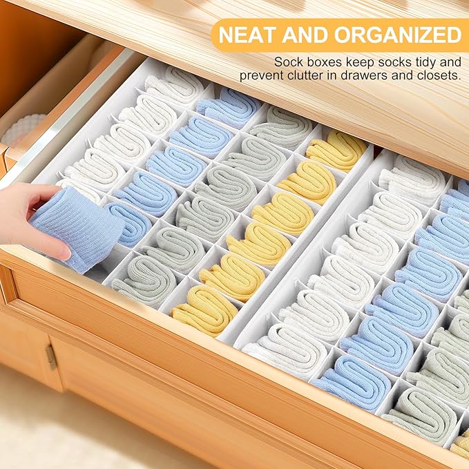 Sock Organizer 4 Pack, 24 Cell Foldable Underwear & Sock Storage, Drawer Organizer for Ties, Belts. (White)