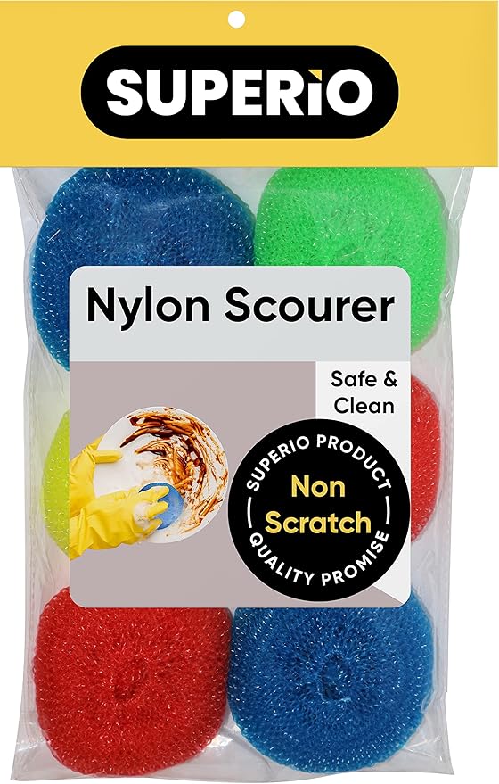 Nylon Scouring Pads-Dish Scrubbers, for Dishes, Pots, and Stoves, Durable Mesh Scourers, for Tough Cleaning. Nylon Dish Scrubbers, Assorted Colors (Superio) (6 Pack)