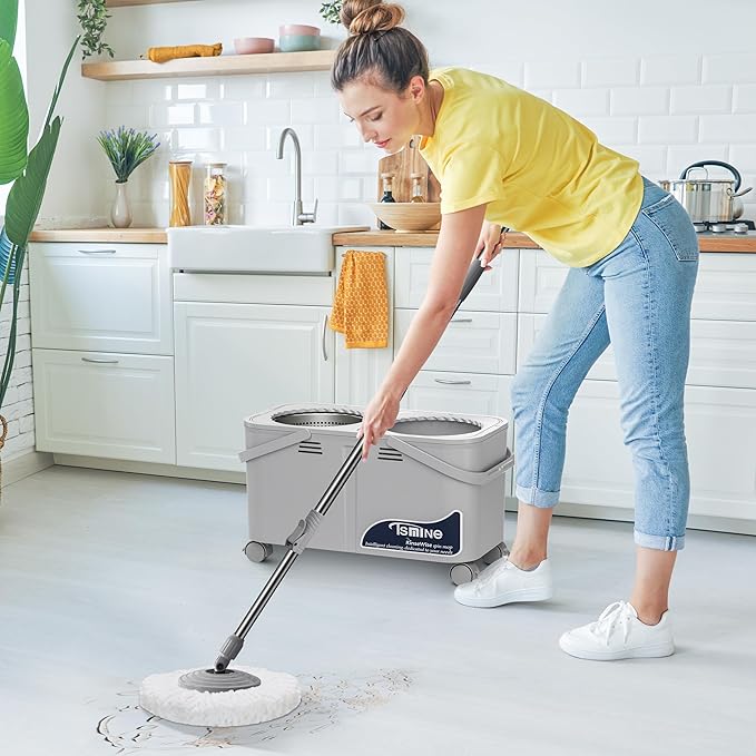 Compact Spin Mop for Apartments & Small Spaces, Clean & Dirty Water Separation Mop Bucket for Pet Owners & Daily Cleaning,360° Swivel Wheels, Safe for Hardwood & Tile, Adjustable Handle, 1 Mop Heads
