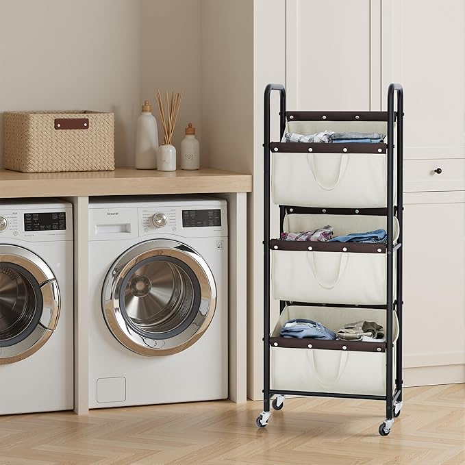 GRANNY SAYS 3 Tier Laundry Sorter, Laundry Basket with Wheels, Laundry Room Organization and Storage, 3 Section Rolling Laundry Cart for Dorm, Bathroom, Bedroom, Closet, Beige