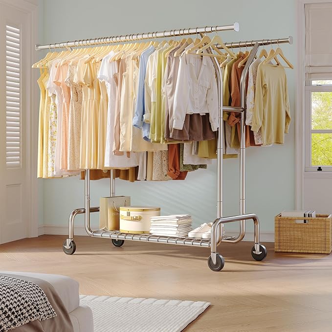 Raybee Heavy Duty Clothes Rack Load 630 LBS, Double Rods Rolling Clothing Rack with 360° Lockable Wheels, Easy Assembly, Portable Adjustable Garment Rack with Shelves for Home & Commercial, Chrome