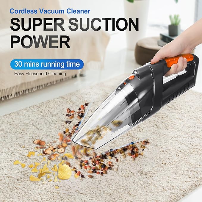 Handheld Vacuum Cordless,Powerful Suction 30Mins Long Runtime, Dust Busters Cordless Rechargeable with Two Washable Filters,Wet and Dry Hand Held Vacuum Cordless for Home, Car or Office