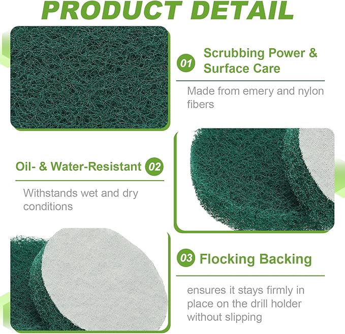 Power Scrub Pads, Scrubbing Pads 180 Grits Scouring Discs - Fitting for (Home Kitchen Cleaning - Drill Attachment - Scrubber Replacement) 20 Pcs & 3 Inch & Green