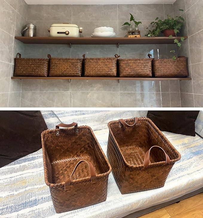 GIB Large Wicker Storage Baskets for Shelves Clothes Blankets Basket Woven Laundry Basket for Organizing, Decorative Rectangular Closet Organizers and Storage Bins with Handles, Brown, 4 Pack