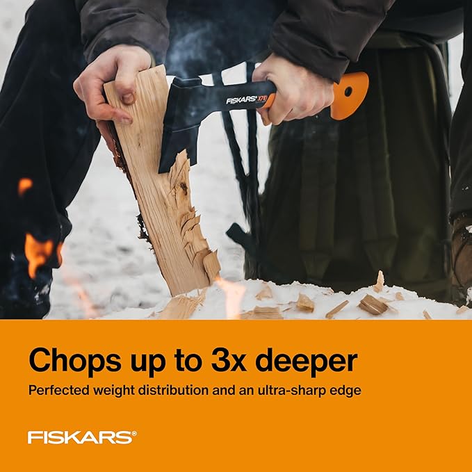 Fiskars X7 Small 14" Hatchet Axe with Sheath for Chopping Wood Kindling for Campfires while Outdoors & Camping, Insert-Molded Forged Steel Head, Low-Friction Blade, Shock Absorbing Handle & Non-Slip Grip