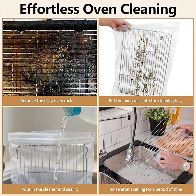 10 Pack Oven Rack Cleaning Bags, Reusable Leak-Proof Heavy Duty PE Bags for No Scrub Deep Soaking, Compatible with Oven Racks Grill Grates BBQ Racks