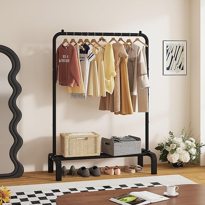 JIUYOTREE Standard Clothes Clothing Garment Rack with Storage Shelves Clothes Organizer for Hanging Clothes Coat Jacket Shirt Sweater Jeans Black