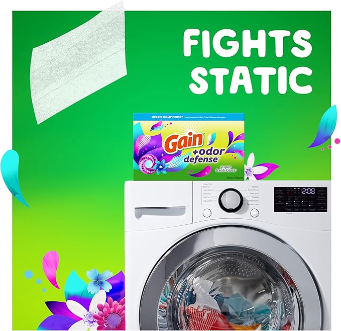 Gain + Odor Defense Dryer Sheets, Super Fresh Blast Scent Fabric Softener Sheets, 240 ct (Pack of 2)