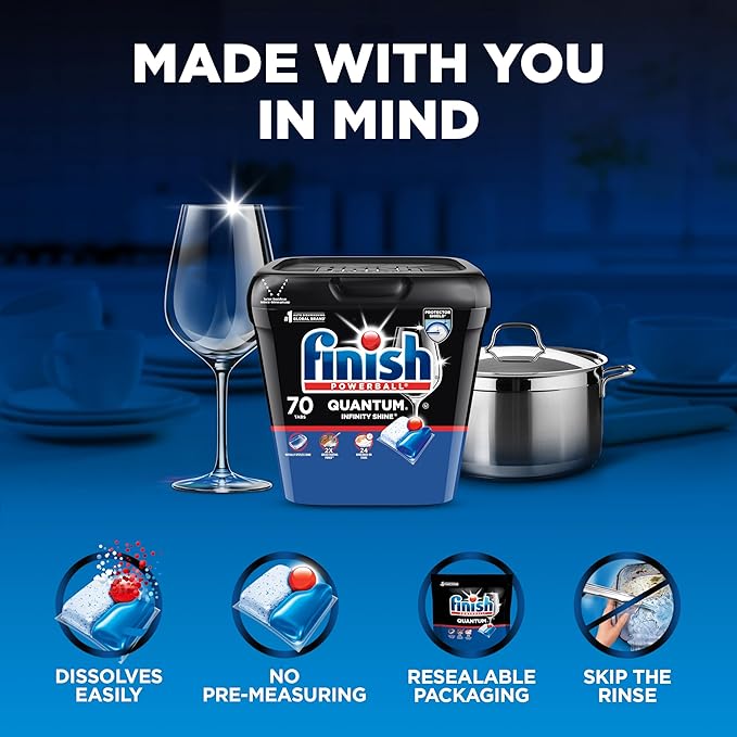 Finish Quantum Infinity Shine Dishwasher Pods, No Pre-Rinse Dishwasher Detergent Soap Removes 24HR Dried-On Stain and Grease, Leaving a Virtually Spotless Shine, 70 Count