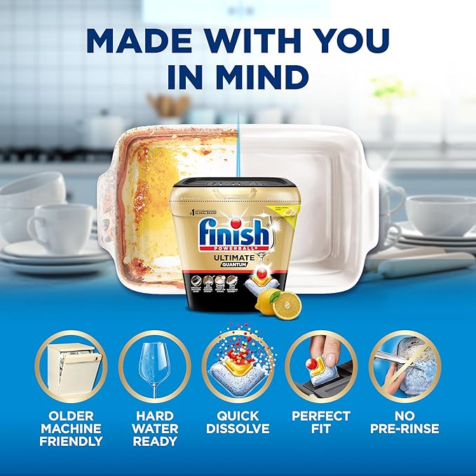 Finish Ultimate Quantum Dishwasher Pods, New & Improved Formula, Dishwasher Detergent Dish Soap, Removes Burnt-On & Dried-On Stain, Degreasing & Scrubbing Power, Lemon Scent, 38 Count
