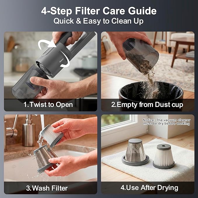 Handheld Vacuum Cordless, 5-in-1 Car Vacuum Portable Cordless 30 Mins Rapid Rechargeable Hand Vacuum Brushless Motor 19000Pa Strong Suction, Dust Busters for Car Home with 4 Nozzles, Gray