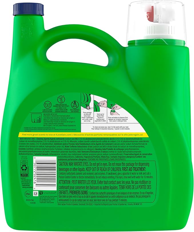Gain + Odor Defense Liquid Laundry Detergent, Super Fresh Blast Scent, 107 Loads, HE Compatible Washing Soap (Packaging May Vary)