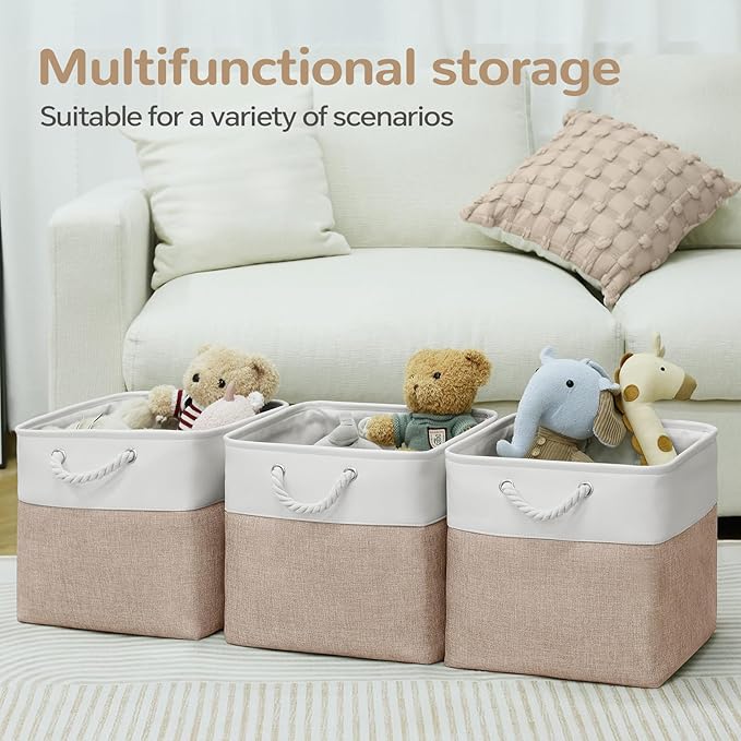 13 x 13 Inch Cube Storage Bins, 6 Pack Fabric Storage Basket with Handles, Foldable Boxes Organizer for Shelf Baskets for Home, Clothes (White/Khaki)