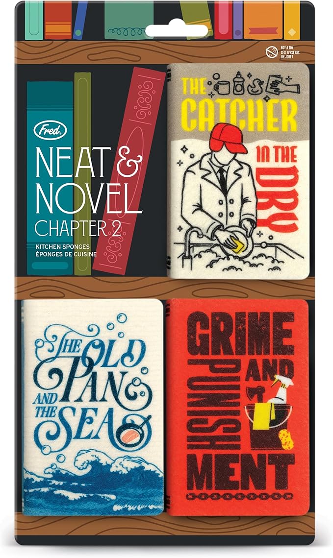 Genuine Fred Neat and Novel Chapter 2, Book Kitchen Sponges, Set of 3 Multi-Layer Sponges with Classic Book Cover Designs, Funny and Functional Gift for Book Lovers