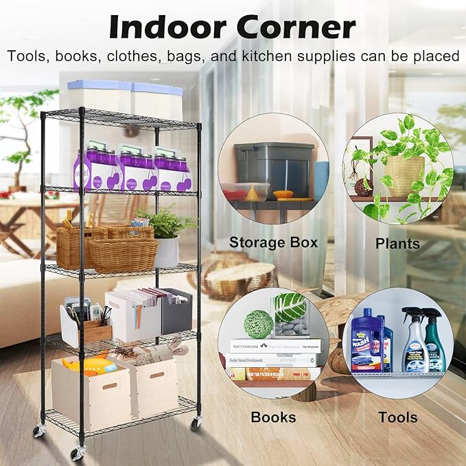 WDT 5 Tier Shelf Shelving Unit with Wheels,Adjustable Metal Shelves for Storage, NSF Wire Shelving Rack,350lbs Loading Capacity Per Shelf Storage Shelves for Kitchen Garage, 36" D x 16" W x 75" H