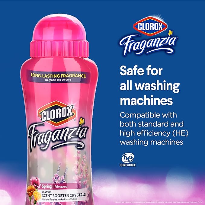 Clorox Fraganzia Laundry Scent Booster Crystals, In-Wash Fragrance Beads for Fresh-Smelling Clothes & Linens, Safe for All Fabrics & Colors, Easy-Pour Bottle, Spring Scent, 36 Oz, 6 Pack