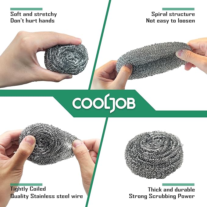 COOLJOB 6/12 Pack Stainless Steel Scrubber Sponges, Heavy Duty Tough Metal Scouring Pads for Dishes, Pans, Pots, Ovens, Uncoated Cookware, Powerful to Clean Grease Dirt Oil or Rust (Sliver, 25 Grams)