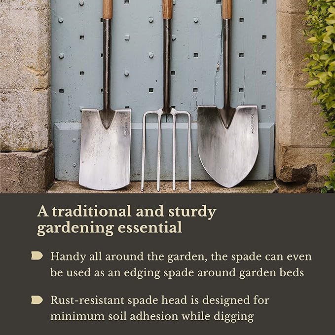 Kent & Stowe Stainless Steel Digging Spade, Traditionally-Styled Garden Spade with Extended Shank and Large Tred, All Year Round Garden Tools Made from Stainless Steel and Ash Wood