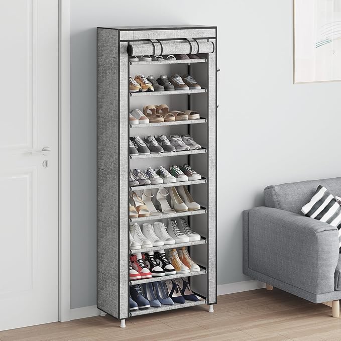 Calmootey 9 Tier Shoe Rack Organizer,Portable Shoe Shelf with Nonwoven Fabric Cover for Closet Hallway,Bedroom,Entryway, Ash Grey
