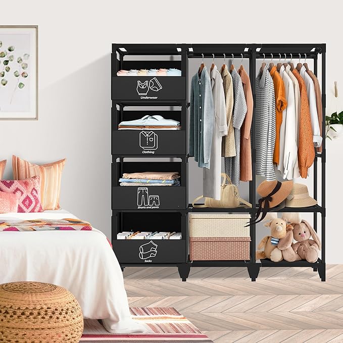 Portable Closet, Easy Assembly, Large Capacity Wardrobe Closet, Sturdy and Stable Clothes Rack with Shelves 4 Storage Baskets and 2 Hanging Rods, for Bedroom and Cloakroom Black