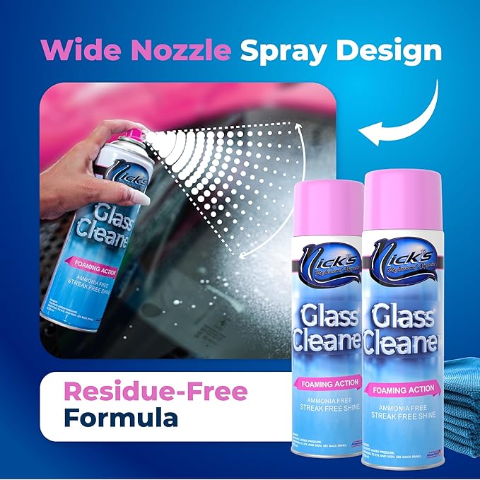Nick's Glass Cleaner - 550ml Multipurpose Foam Spray for Streakless Shine on Auto, Home & Boat Windows | Deep-Cleaning, Tint-Safe, Ammonia-Free Formula for Windshields & More (1)