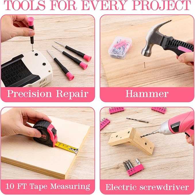 3.6V Pink Cordless Screwdriver Set, 151Pcs Home Tool Kit with Magnetic Bits & LED Light - Rechargeable Power Drill for Women DIY, USB-C Fast Charging