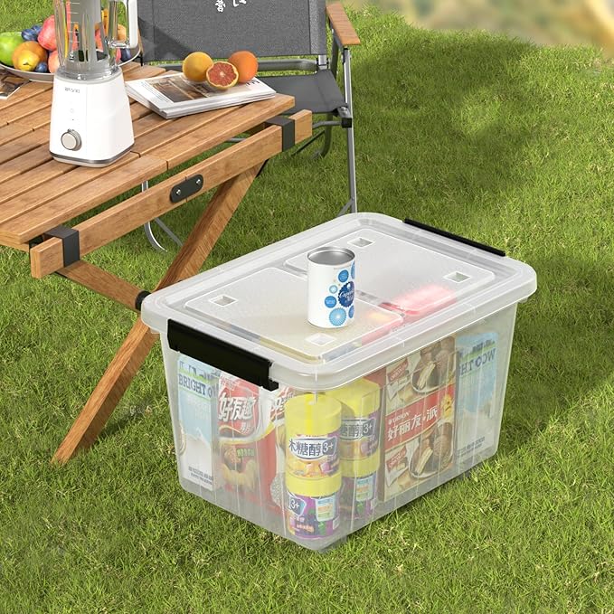 Cand 30 Quart Plastic Storage Boxes with Wheels, 4 Pack Latching Lidded Storage Bins, Clear