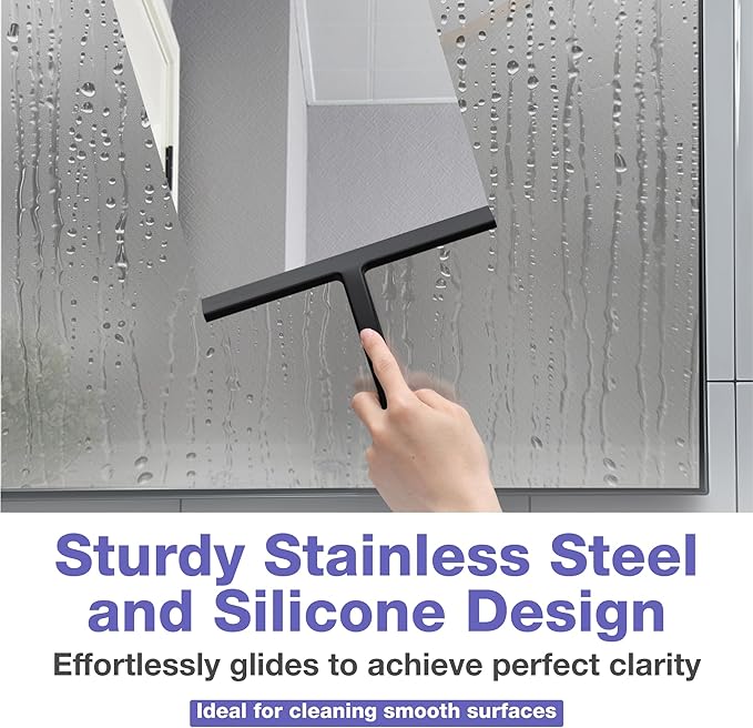 Kincmax All-Purpose Shower Squeegee - Stainless Steel Silicone Bath Squeegee for Glass Doors - Window and Door Squeegee With Hook - Bathroom Kitchen - Medium Black