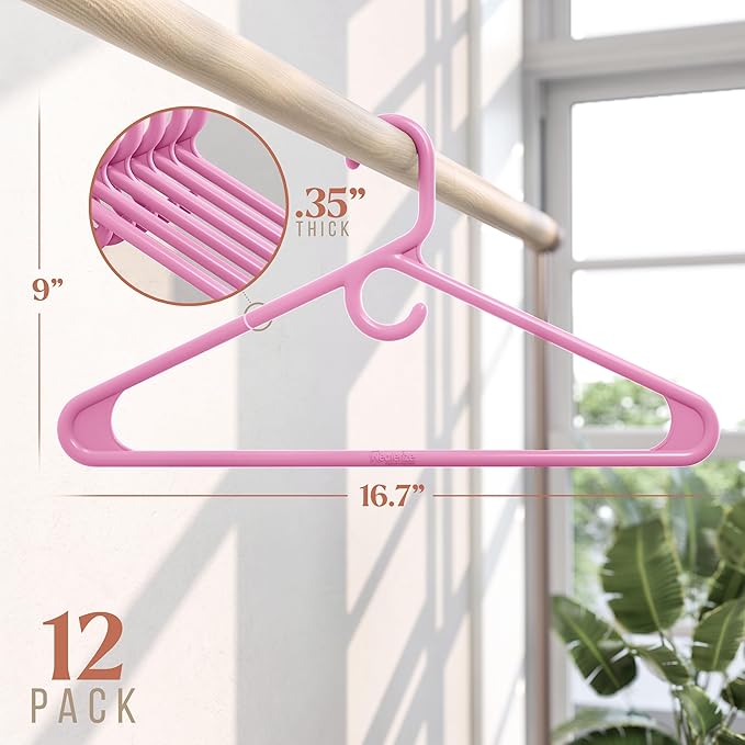 NEATERIZE Thick Heavy Duty Hangers - Pink Plastic Clothes Hangers 12 Pack - Great for Coat Hanger, Jackets Jeans & Suit Hanger for Closet - New Apartment Essentials Percheros Ganchos para Colgar Ropa