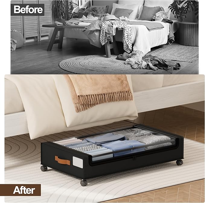 LAMU Under Bed Storage with Wheels, 2 Pack Under Bed Storage Containers with Clear Lid, XXL 60L Underbed Storage Bins, Rolling Under Bed Metal Drawers for Clothes, Blankets, Shoes, Black
