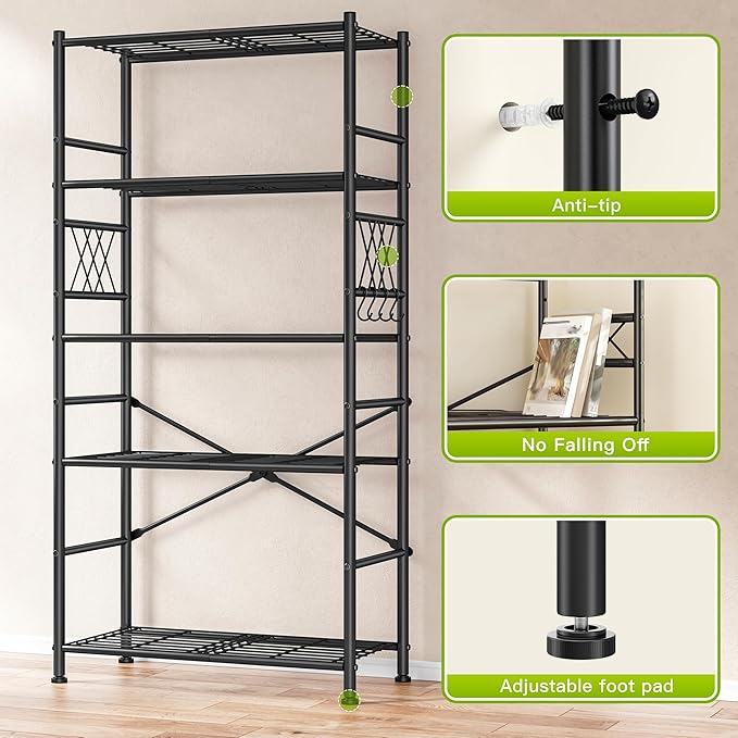 5-Storage Shelves Wire Shelving with Hooks, Metal Shelving Units Shelf Organizer, Wobble-Free Storage Rack with Adjustable Leveling Feet for Kitchen Pantry Laundry Bathroom Dorm,12"D x 30"W x 72"H