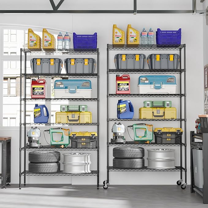 FDW | 6-Tier Wire Storage Shelves with Wheels | 45"x18"x82" | Black | Adjustable Racks | Heavy-Duty Metal Shelf, Holds Upto 2100 lbs | Tool-Free Assembly, Rust-Resistant | for Home & Garage Shelving