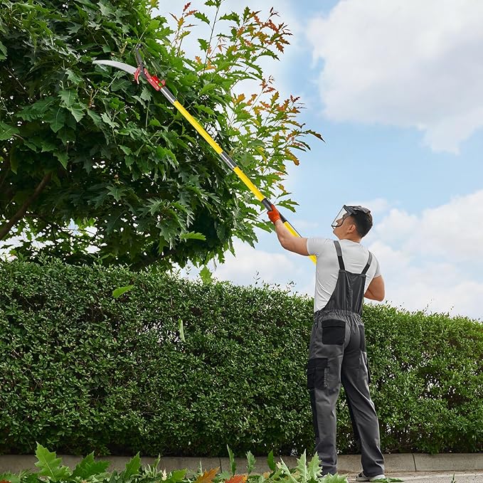 Outvita Manual Pole Saw, 30 Feet Extendable Tree Pruner with Knives and Storage Pocket, Sharp Steel Blade and Scissors High Branches Trimming for Pruning Palms and Shrubs(Yellow)