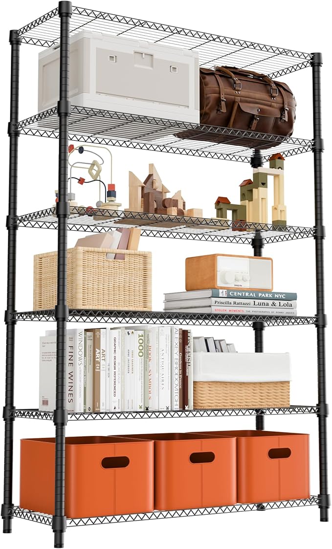 M MZG 2100LBS 47.2" W 6 Tiers Shelf Storage Shelves Metal Shelving Unit Heavy Duty Garage Shelving Adjustable Wire Shelves for Pantry,Kitchen,Garage,Basement,Black 17.7" D x 47.2" W x 82.4" H
