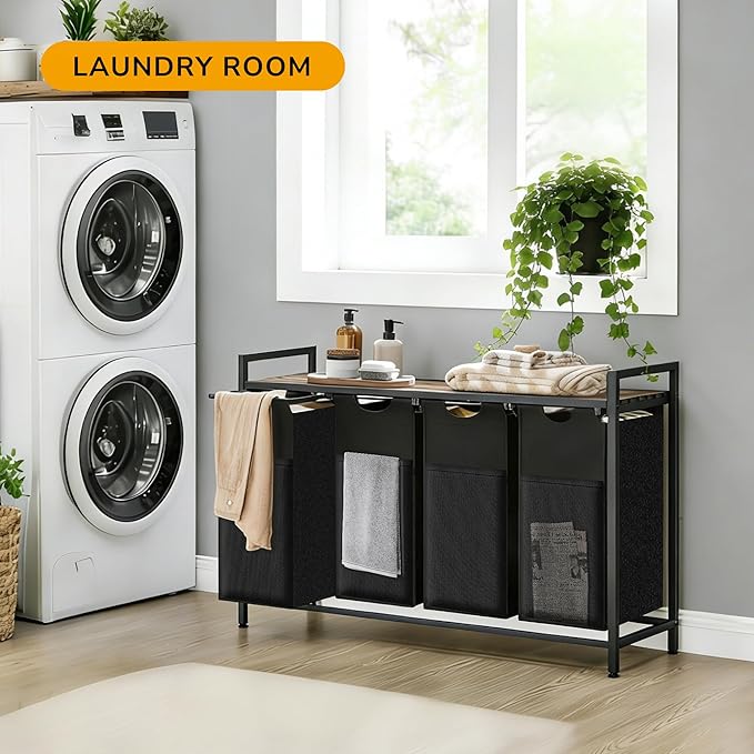 Laundry Hamper, Laundry Basket with 4 Pull-Out Removable Oxford Fabric Bags, 4 x 10.6 Gallons, Total 160L, Cloth Laundry Sorter with a Top Shelf 45.7"x13" (Black and Rust)