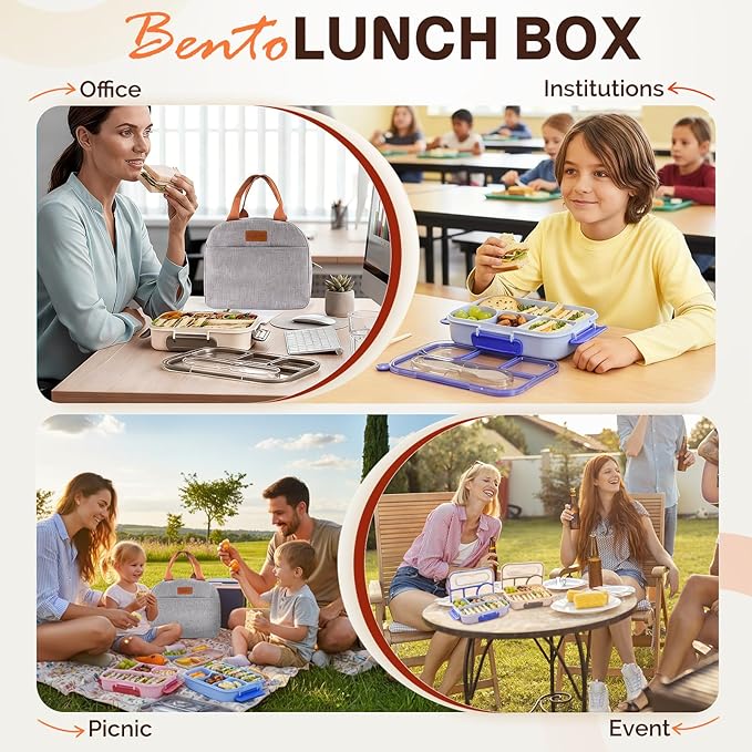 EASYFUN Bento Lunch Box Set Bento Box, 4-Compartment Lunch Containers,High Capacity Lunch Tote Bags for Work, Travel, Outdoor (Purple)