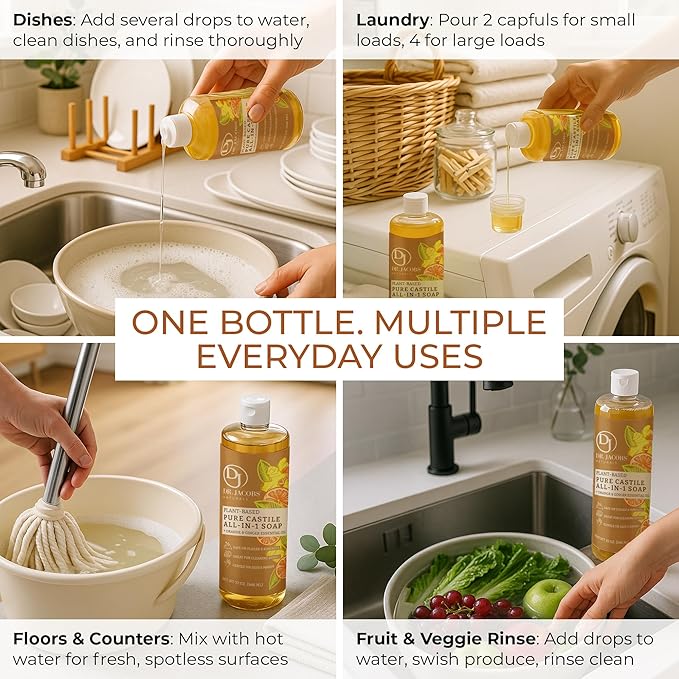 Dr. Jacobs Naturals Orange & Ginger Castile All-in-One Cleaner and Soap - Plant-Based Formula for House Cleaning Floors and Appliances - Gentle on Skin and the Planet - 32 oz, 2 Pack