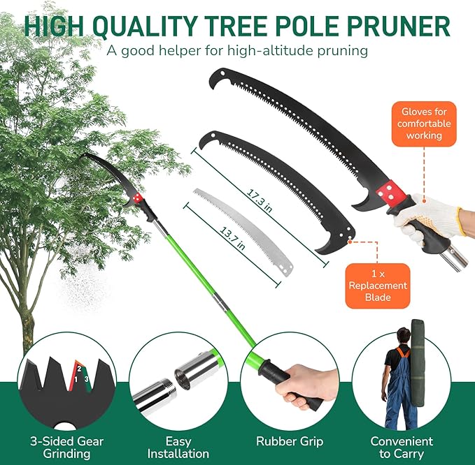 Manual Pole Saw for Tree Trimming, Extendable Tree Pruner (Green, 26ft)