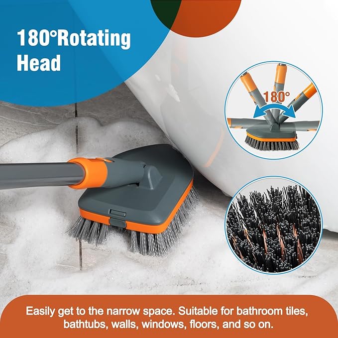 Floor Scrub Brush Tile Tub Scrubber Brush with 4 Different Cleaning Heads, Shower Brush with 56” Extendable Long Handle, Scrubbers for Cleaning Kitchen, Bathroom, Tub, Tile, Wall