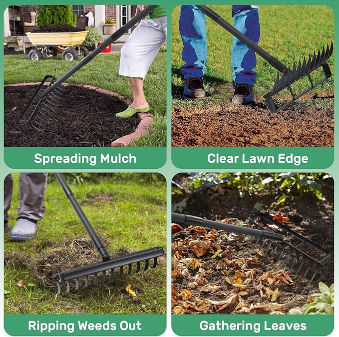 Stirrup Hoe Garden Tool Weed Puller with 76.8Inch Adjustable Stainless Steel Handle, Heavy Duty Garden Hoe and 12 Tines Rake 2 in 1 Gardening Tools Garden Cultivator for Weeding Soil Loosening, Black
