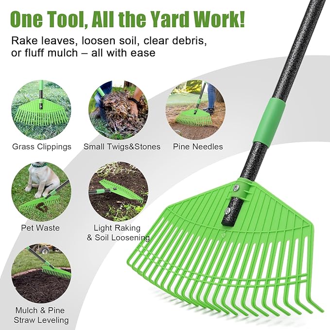Lightweight Plastic Leaf Rake for Lawns - 16.5'' Wide Garden Rake for Leaves,Gentle on Lawn,65'' Adjustable for Women Seniors Kids,Outdoor Yard Rakes for Sweep Leaves,Grass, Pine Needle