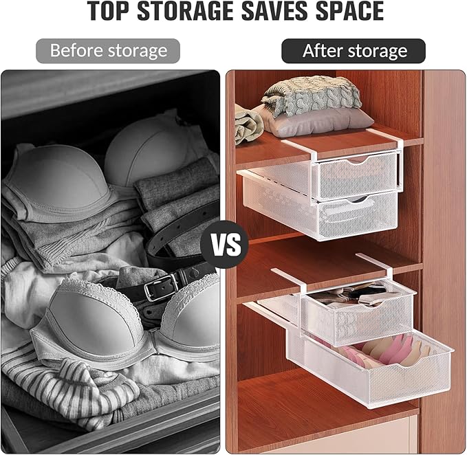 Underwear Drawer Organizer for Closet, Hanging Pull-Out Bra Sock Lingerie Storage Basket - Double-Layer Mesh Undergarment Organizer, Multifunctional Space-Saving Wardrobe Organizer for Bedroom