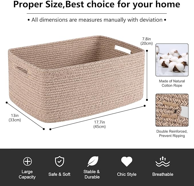 Large Storage Basket for Organizing, Woven Rope Basket for Shelves, Closet Organizer Bins for Clothes, Blanket, Toys, Baby Nursery Storage, 17.7" x 13" x 7.87", 2 Packs Brown