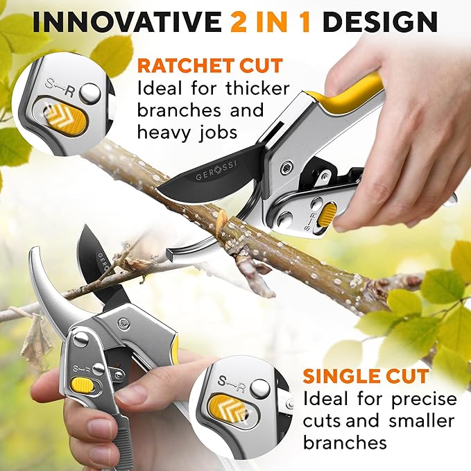 Ratchet Pruning Shears for Gardening Heavy Duty - Increases Cutting Power 3x - Perfect Ratchet Pruners for Weak Hands & Arthritis - 8” Anvil Garden Clippers - Sharp Blade for Effortless Cutting-Yellow