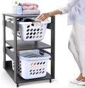 Laundry Basket Holder Shelf (2-Tier) - Stackable Engineered Wood Laundry Tower with Wheels, Tiered Laundry Hamper Organizer for Bathroom, Bedroom
