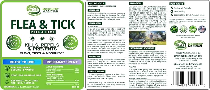 Mosquito Magician Indoor and Outdoor Spray - Use for Carpet, Furniture, Bedding, Couches & Pets – Plant-Sourced with Essential Oil – Rosemary, 32 OZ