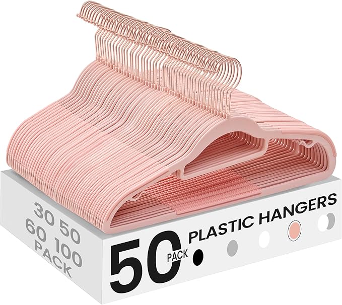 SONGMICS Pack of 50 Coat Hangers, Space-Saving Plastic Clothes Hangers, Non-Slip, 0.2 Inches Slim, 16.5 Inches Wide, 360° Swivel Rose Gold Hook, Light Pink UCRP20PK05